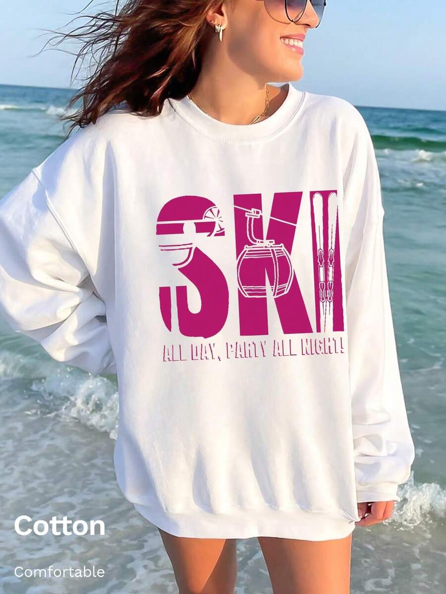 Damen Weiß Drop Shoulder Sweatshirt, Baumwoll-Oberteil, ski-thematischer reinweißer Baumwoll-Langarm-Sweatshirt, Lässig, Frühling/Herbst Rundhals Loose-Fit Oversized Sweatshirt - Weiss - Übersicht 1