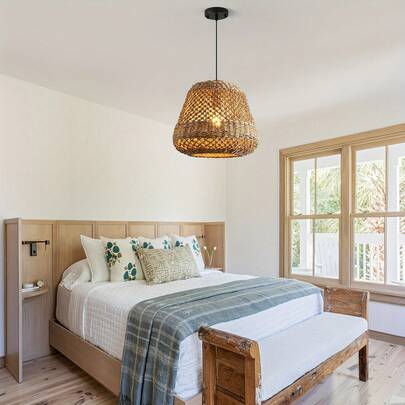 13.77 Inch Handmade Woven Bohemian Rattan Pendant Light, Suitable For Dining Room, Cafe, Living Room, Hotel, Bedroom, Restaurant Decor, Commercial Lighting - Bulb Not Included