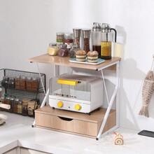 Microwave Oven Shelf Stand With Drawer, 2-Tier Kitchen Countertop Storage Rack Spices Rack Freestanding, Home Office Printer Stand Multifunctional Unit Shelving Wood Top Metal Frame - 雙層深胡桃木抽屜櫃 - 查看 5