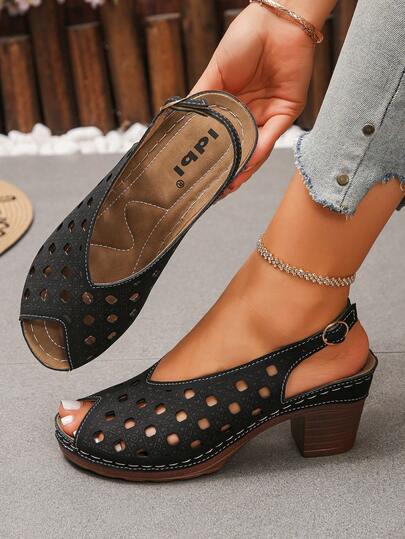 Sandalias de tacón alto para mujer, sandalias casuales de tacón grueso y cómodo con correa de hebilla en el tobillo, diseño calado de un solo color, adecuadas para uso diario y fiestas, con plataforma