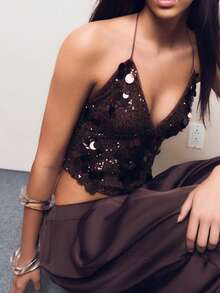 Women's Sequin Sparkly Sleeveless Halter Top Wrap V Neck  Asymmetrical Party Tank Tops - Dark Brown - View 2