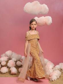 ALISA&LEO Tween Girl Glamorous Shining Off-Shoulder A-Line Dress Multi-Layered Tulle Sequin Splicing Graduation Prom Gown Special Occasion - Champagne - View 7