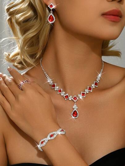 4pcs/5pcs/Set Teardrop-Shaped Bridal Women's Fashion Crystal Necklace And Earrings, Bracelet, Ring, Luxury Jewelry Set, Suitable For Weddings, Birthdays, Parties And Other Occasions (Multiple Choices)