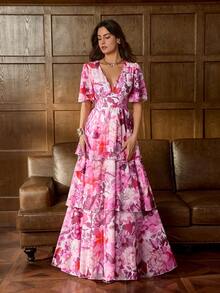 Faeriesty 优雅深V领印花晚礼服，层叠荷叶边下摆，收腰设计，复古袖口，适合婚礼宾客、浪漫写真、盛大庆典、新娘写真、周年纪念晚宴等场合，粉色系春季派对。 - 粉色 - 查看 3