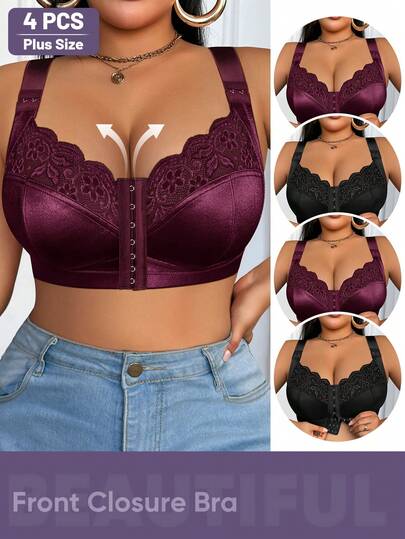 MEIYATING 4 piezas Sujetadores de encaje sin aros para tallas grandes, lencería sexy con elevación y soporte