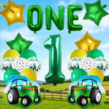 26件套拖拉机主题生日派对用品，包含数字气球、乳胶气球、星星气球和拖拉机图案气球，适合绿色拖拉机主题派对 - 彩色 - 查看 4