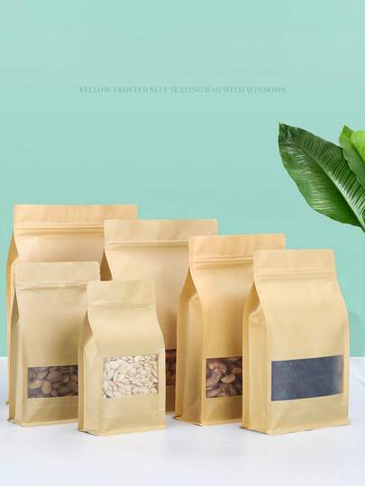 10pcs Resealable Kraft Paper Tea Bags - With Frosted Window And Self-Standing Design, Featuring Sturdy Sealed Edges, Suitable For Tea Leaves, Herbal Tea, Etc. - Resealable Packaging Bags