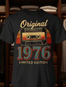 1976 Retro T-Shirt With Cassette Tape Print, Cotton, Casual, Vintage, 49th Anniversary Gift, Black - 黑色 - 查看 1