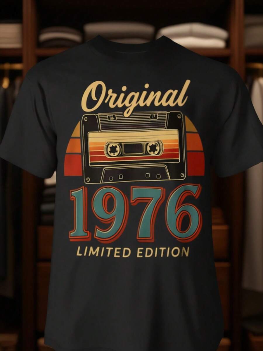 1976 Retro T-Shirt With Cassette Tape Print, Cotton, Casual, Vintage, 49th Anniversary Gift, Black - 黑色 - 查看 1