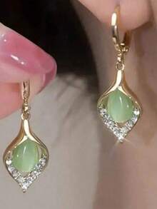 1 Pair Opal Drop Earrings - Luxury Water-Shaped Gemstone Jewelry For Women, Elegant Dangle Earrings For Special Occasions & Gifts - 綠色 - 查看 4