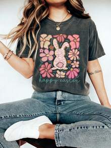 Happy Easter Bunny T-Shirt, Retro Comfort Easter Shirt, Floral Easter Rabbit Sweatshirt, Cute Easter Gift, Woman's Easter Outfit - 黑色 - 查看 1