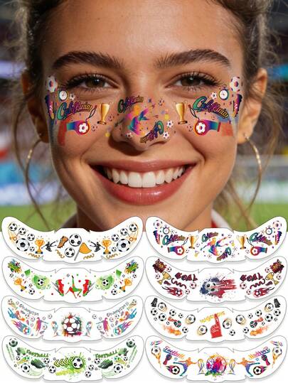 8 ark tillfälliga ansiktstatueringsklistermärken för VM - färgglad fotboll med flaggdesign för män och kvinnor, matchturneringsfest