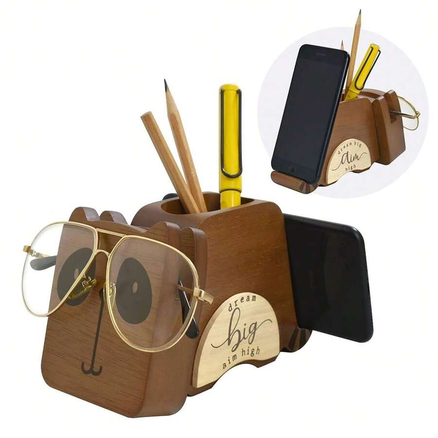 I'm Wood Multipurpose Raccoon Eyeglass Phone Pen & Pencil Holder Stand Stationery Desk Organizer Accessories Decor, For Home Office Desktop Decoration Birthday Graduation Gifts "Dream Big Aim High" - Raccoon - 查看 1