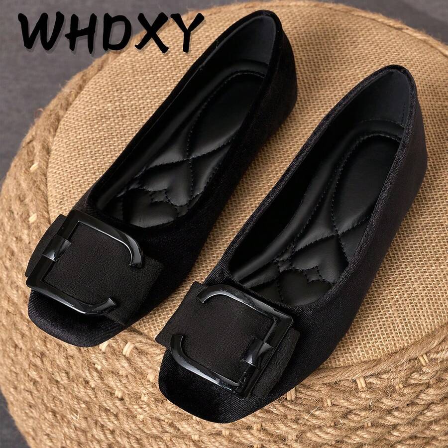 WHDXY 女士方头法式平底蝴蝶结软底休闲乐福鞋，时尚女士平底鞋，春季新款百搭套脚芭蕾平底鞋，软底莫卡辛鞋 - 靜夜黑色 - 查看 1