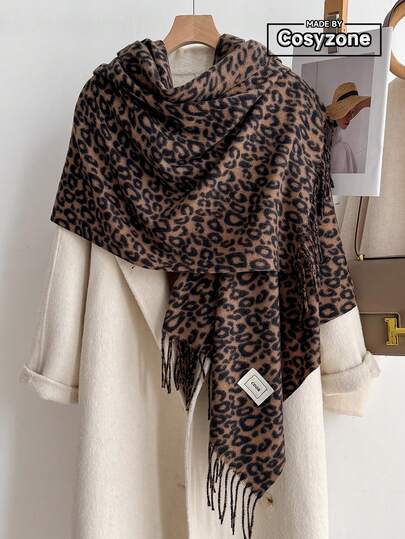 1pc Elegant Vintage Leopard Print Jacquard Tassel Scarf, Women's Fashion Versatile Warm Shawl Wrap For Daily Outfit Decoration And Neck Protection