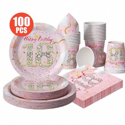 Crown Diamond 18th Birthday Disposable Plates, Napkins, Cups, One-Time Party Supplies Set, Suitable For 25 Guests, Disposable Paper Plates Party Tableware For Birthday, Wedding, Theme Party, Family Picnic