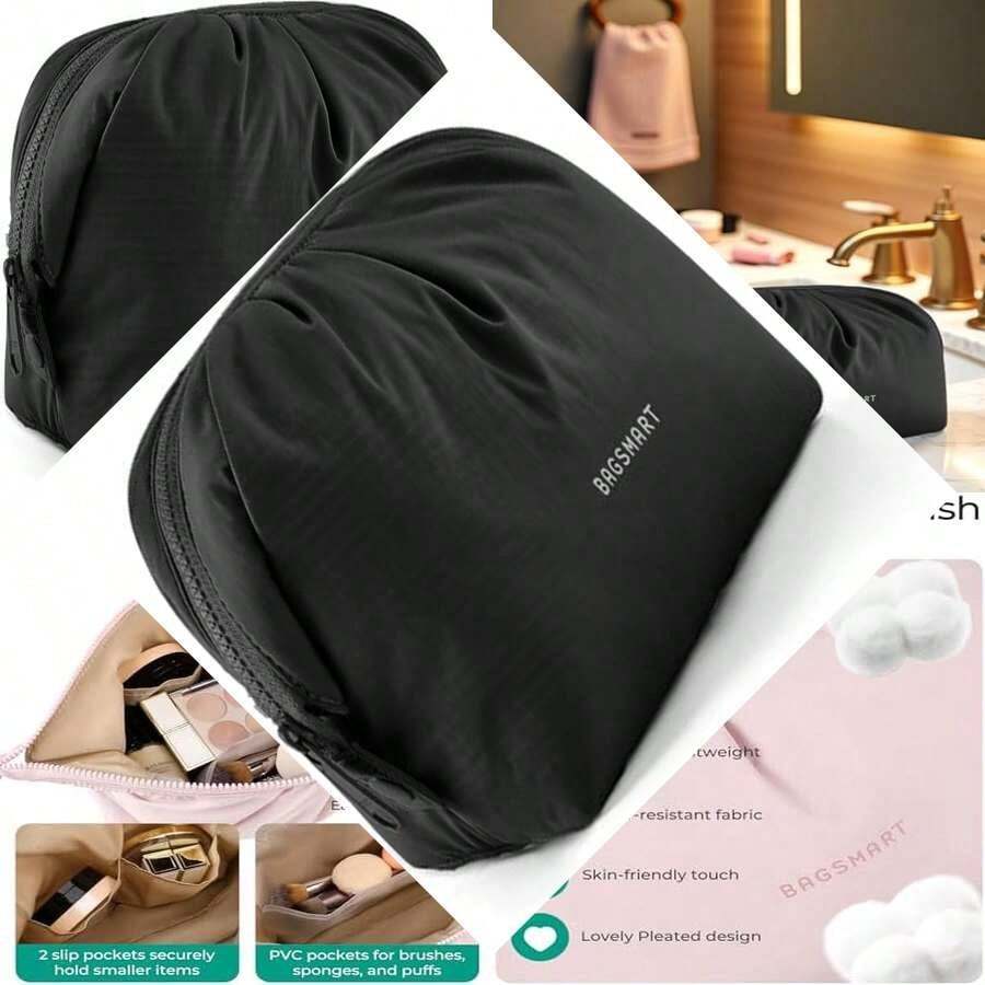 Neceser de viaje para maquillaje, bonito neceser de gran capacidad para mujer, con abertura amplia para artículos esenciales de viaje, accesorios y brochas (negro) - como en la foto - Ver 1