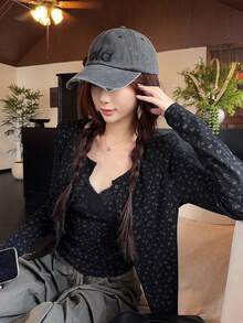 甜美火辣女孩黑色花卉蕾丝长袖开衫外套搭配吊带背心，两件套，春假必备 - 黑色 - 查看 4