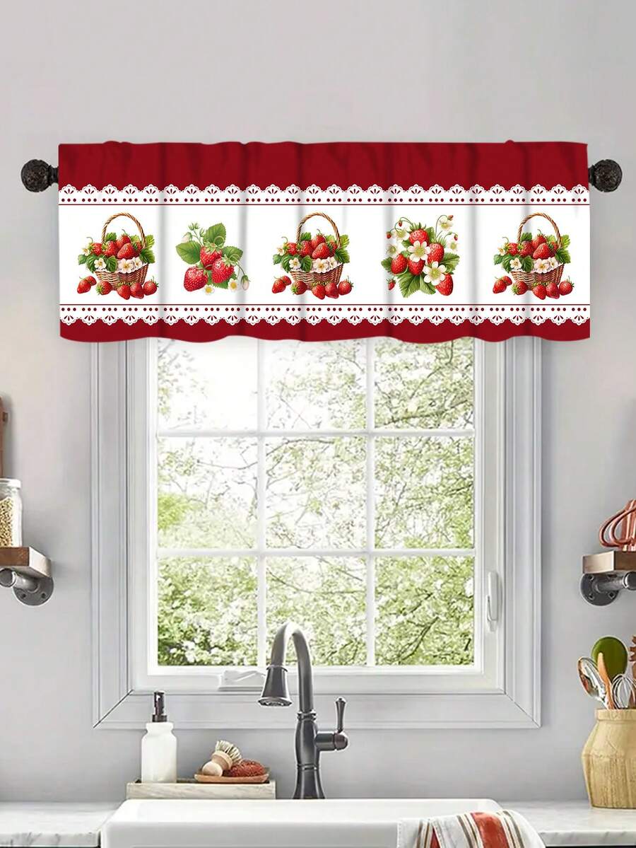 1pc Country Style Fruit Lace Curtain, Strawberry Print Kitchen Curtain, Petite Short Curtain, Grommet-Less Curtain, Suitable For Bedroom, Office, Kitchen, Living Room, Study And Other Home Decor - Multicolor - View 1