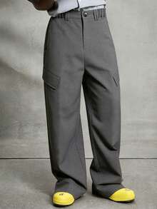 Men's Grey Wide Leg Cargo Pants, Streetwear Style - Dark Grey - View 1