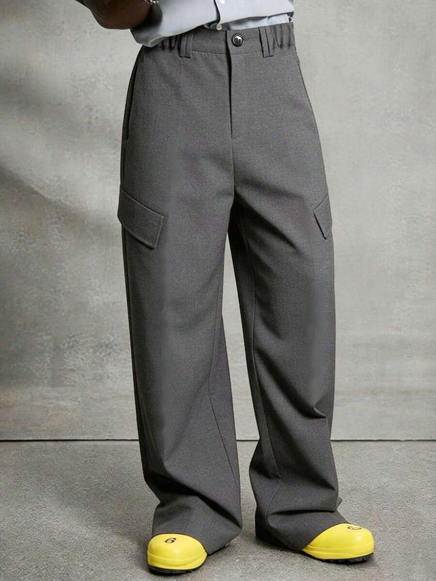 Men's Grey Wide Leg Cargo Pants, Streetwear Style - Dark Grey - View 1