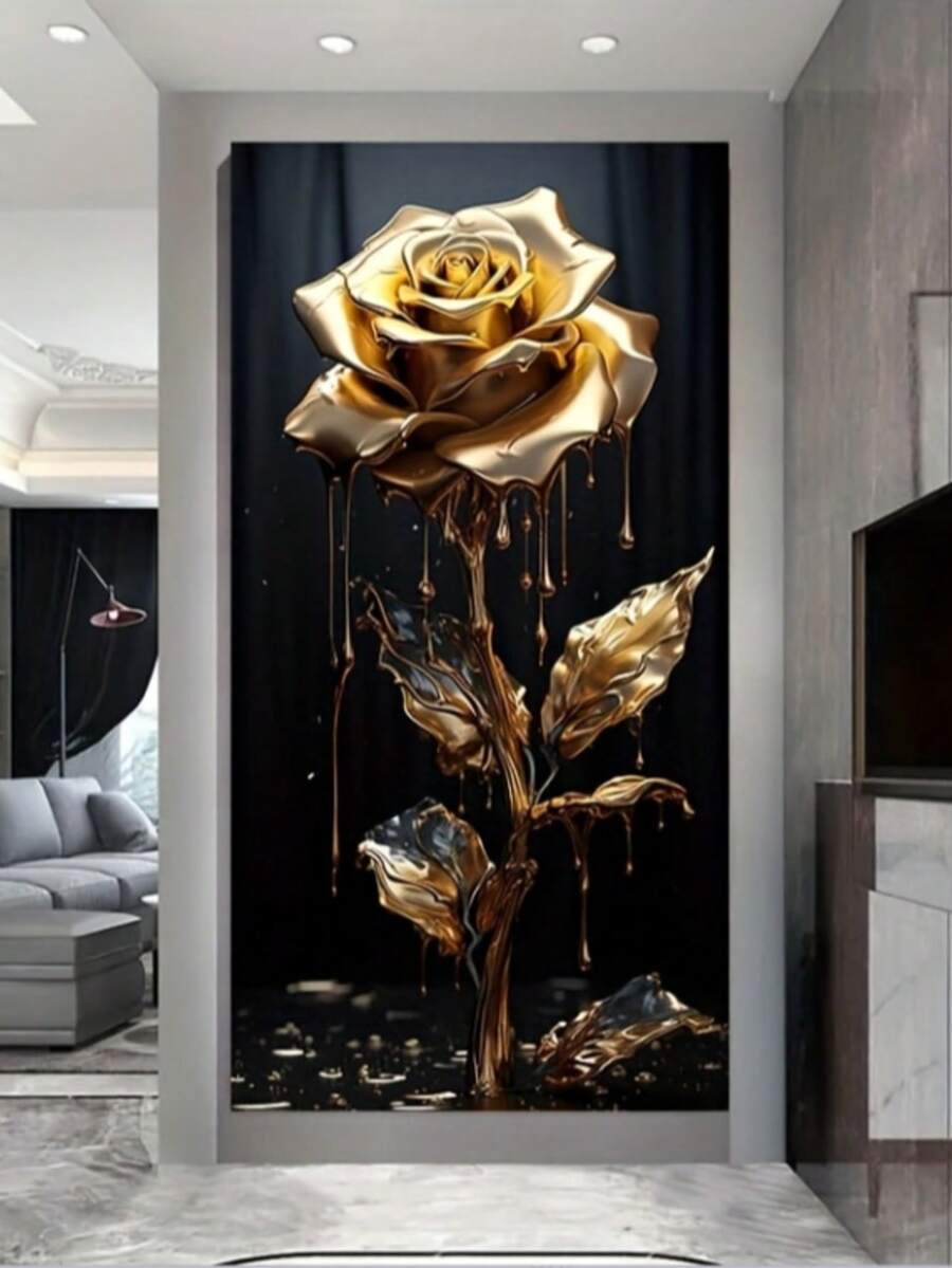 1 pieza Cuadro de arte de pared de rosa dorada sin marco, 60x120 cm, póster de impresión floral moderna para decoración de sala de estar y dormitorio, efecto 3D elegante, sin marco - Multicolor - Ver 1