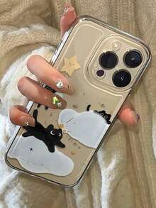 1个云猫插画透明太空手机壳，兼容苹果17、16、16e、15、14、13、12、11 Pro Max、X、XR、XS、8、7 Plus，保护套 - 無色 - 查看 3