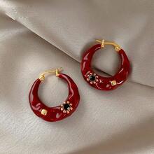 1 Pair Of Oil Drop Irregular Circle Earrings, Elegant And Exquisite Design, Suitable For Daily Wear Or Date Occasions, With Excellent Wearing Effect. - 紅色 - 查看 4
