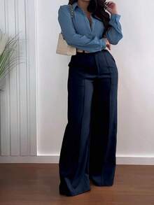 Solid Color Zipper Pocket Button Waistless Elegant Fashion Versatile Suit Pants For Commuting - Màu xanh hải quân - Xem 5