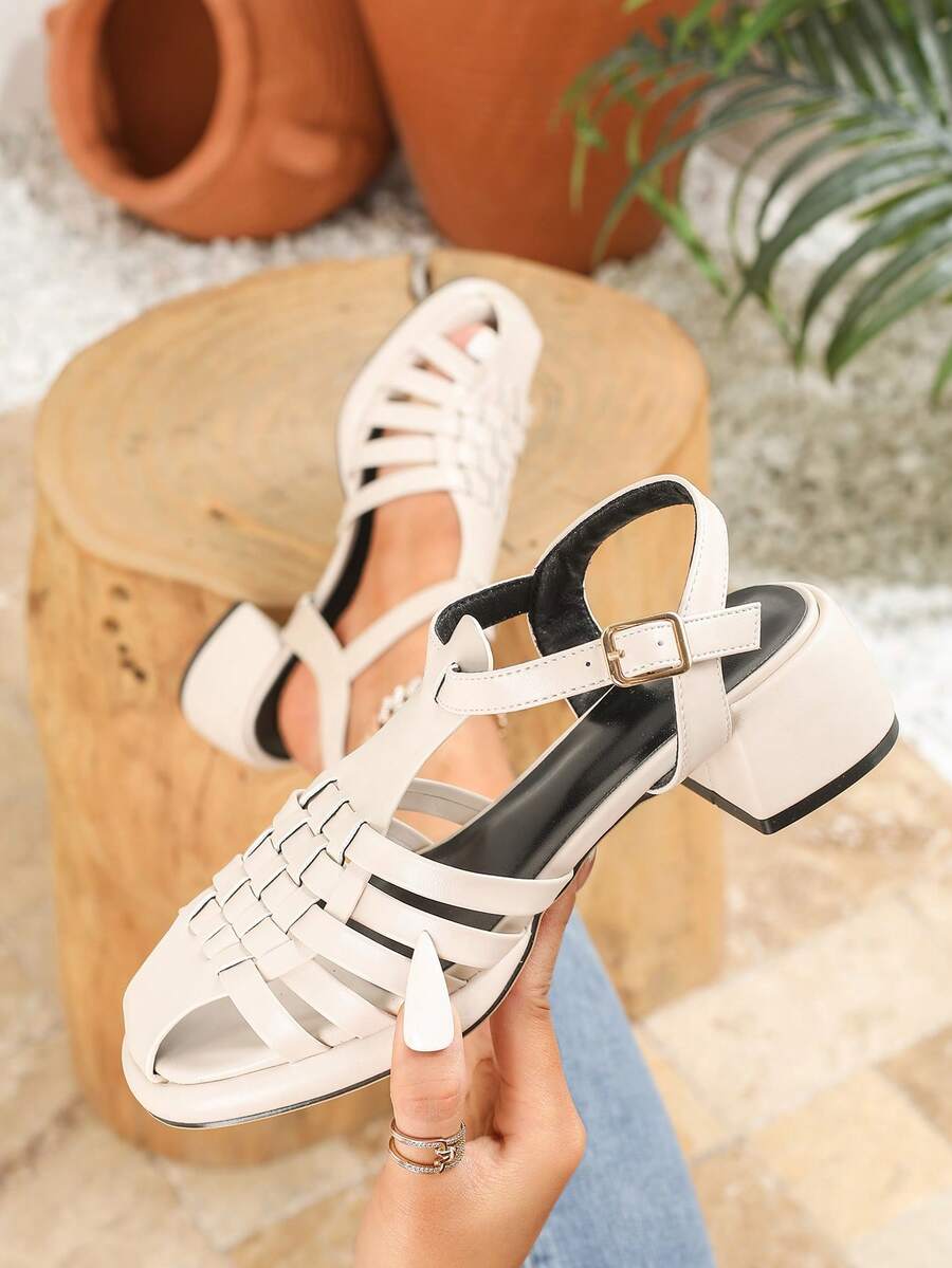 Giày sandal đế xuồng hở mũi cao gót thời trang nữ, giày dệt màu mơ mới cho mùa xuân/hè, sandal đế xuồng hở gót cao gót phù hợp mọi mùa, sandal đế xuồng quai ngang mắt cá chân mũi tròn đa năng, sandal đế xuồng khoét lỗ thoáng khí thoải mái cho đi chơi/nghỉ lễ/ngoài trời. - Màu be - Xem 1