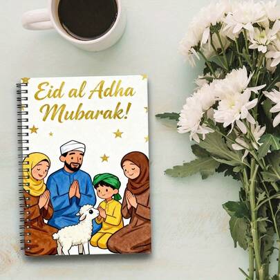 1 A5 Notebook, Happy Ramadan Family Scene Design, With College-Ruled Lines, Thickened Paper, Unisex Double-Line Bound Journal