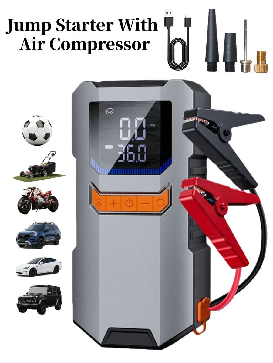 Démarreur de voiture portable avec compresseur d'air, batterie de démarrage, 5000A de crête avec gonfleur de pneus 150 PSI, bloc d'alimentation de batterie de voiture 12V, démarreur de voiture portable, fonction 5 en 1 de démarrage, chargeur de batterie