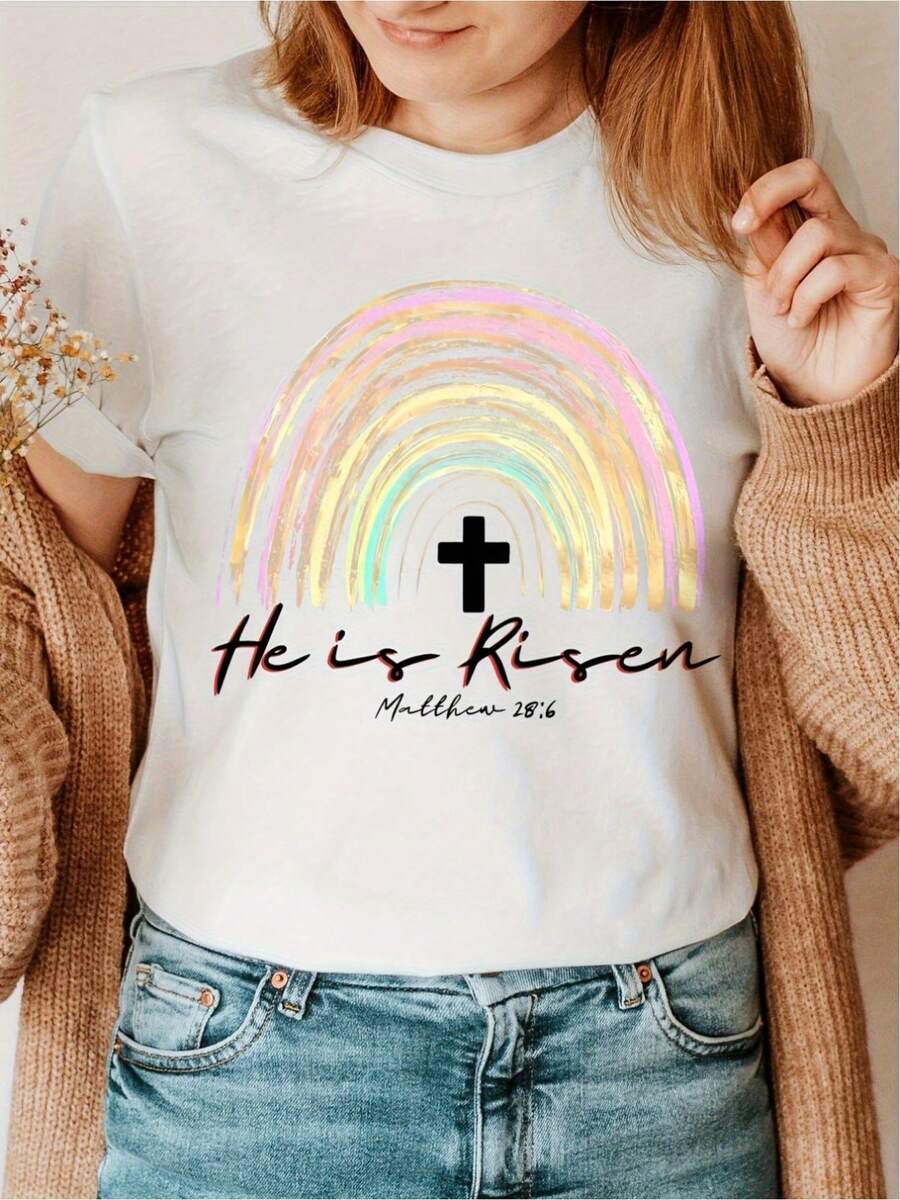 Women Easter 'He Has Resurrected' Christian T-Shirt White Crewneck Church Top With Rainbow Cross Lightweight Easter Sunday Outfit Matthew Bible Verse Apparel For Women Religious Gift Idea Faithbased Clothing Inspirational Message Tee Breathable Fabric Faithinspired Clothing Faith Community - White - View 1