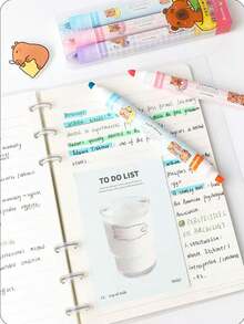 Conjunto de 3 canetas marca-texto fluorescentes de ponta dupla e duas cores, com grande capacidade de carga, ideais para anotações, destaques, desenhos e rabiscos. - Conjunto de 3 peças/6 cores - Ver 7