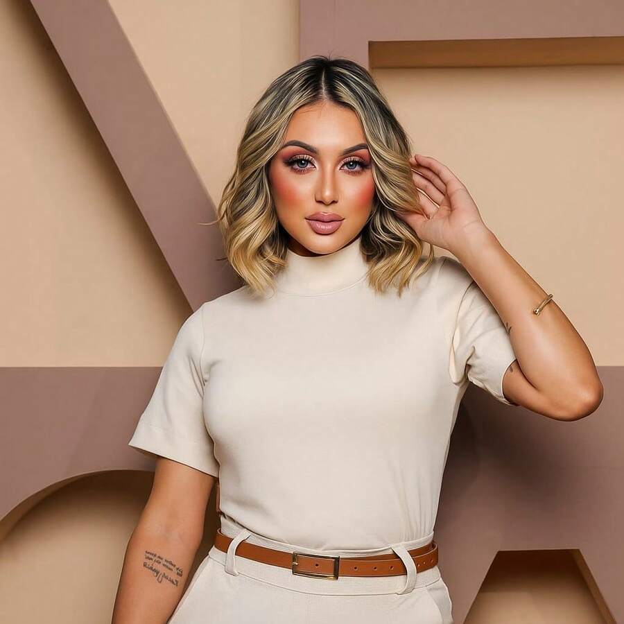 Blusas T-shirt Gola Alta Blusa  Feminina Gola Alta em Ribana Camiseta básica 100% Algodão Premium - Off - Visão 1