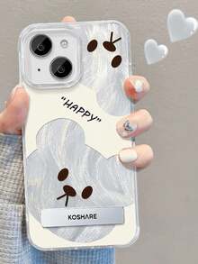1pc Silver Feather Tulle Cute Cartoon Phone Case With Teddy Bear Design & 3D Metal Stand, Compatible With IPhone 11/12/13/14/15/16/17/Pro Max