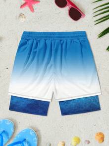Men's Blue Ombre Wave Print Double-Layer Beach Shorts - Multicolor - View 2