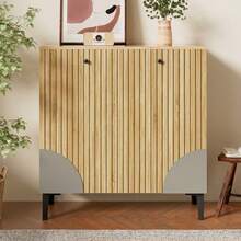 Sapateira moderna de 90 x 32 x 94 cm com acabamento amadeirado, três portas, espaço de armazenamento e prateleira – móvel leve para hall de entrada com estrutura preta, design vertical e detalhes em cinza. - Cor natural - Ver 12