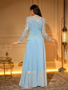 Elegant Women's Long Dress With Beaded Pearl And Contrast Mesh Details, Flared Ruffle Hem, Round Neck, Regular Length Sleeves - Baby Blue - View 2