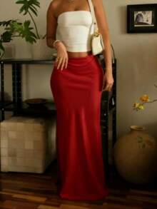 Chân váy satin thanh lịch dành cho nữ, chất liệu mềm mại, đa năng, tôn dáng, thướt tha, ôm sát cơ thể, phù hợp cho công sở, mùa xuân/hè. - Đỏ - Xem 1