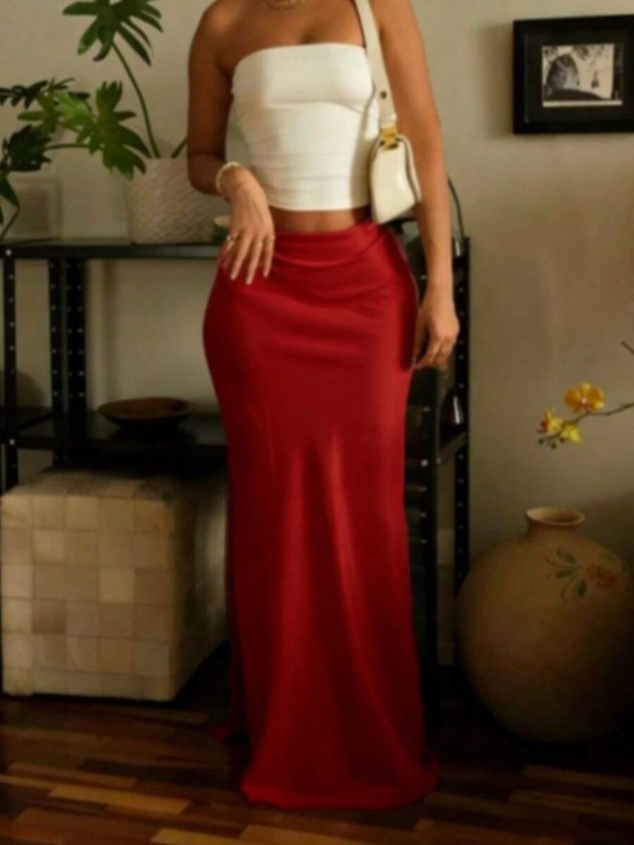 Chân váy satin thanh lịch dành cho nữ, chất liệu mềm mại, đa năng, tôn dáng, thướt tha, ôm sát cơ thể, phù hợp cho công sở, mùa xuân/hè. - Đỏ - Xem 1
