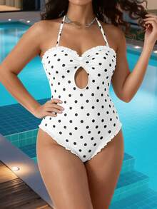 Women's Halter Neck Monokini Swimsuits Fashionable Dot Print Sleeveless Ruffle Bathing Suit - 白色 - 查看 7
