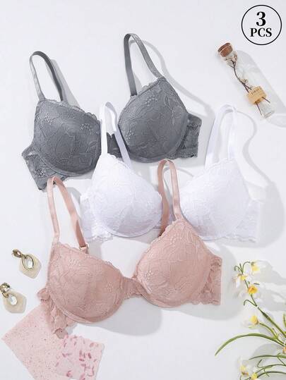 Peach Girl 3pcs Multicolor Sexy Lace Comfortable Underwire Push-Up Bras For Women