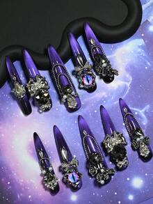 10Pcs Handmade Long Stiletto Press On Nails, Gothic Cute Luxury Style, 3D Bow, Pearl, Black Rhinestones, Cat Eye Accents, Edgy Daily Looks Summer Easter - Màu tím  Violet - Xem 1