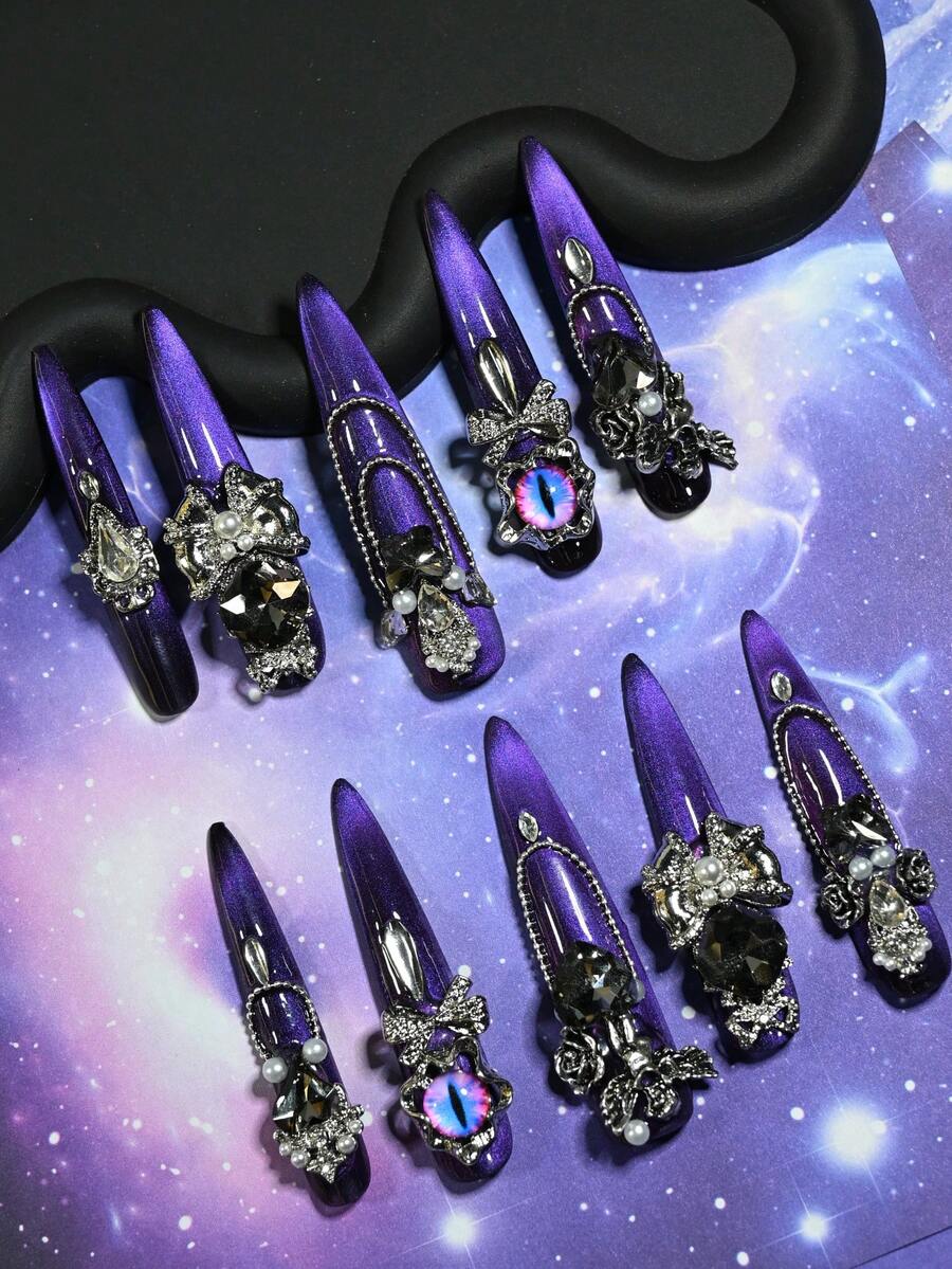 10Pcs Handmade Long Stiletto Press On Nails, Gothic Cute Luxury Style, 3D Bow, Pearl, Black Rhinestones, Cat Eye Accents, Edgy Daily Looks Summer Easter - Màu tím  Violet - Xem 1