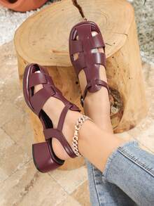 Giày sandal đế xuồng cao gót dày màu đỏ tía dành cho nữ, kiểu dáng thời trang công sở, giày dệt kim mùa xuân/hè mới, sandal đế xuồng đa năng, sandal chiến binh quai ngang mắt cá chân mũi tròn, sandal đế xuồng thoáng khí thoải mái, thích hợp cho đi chơi hoặc nghỉ lễ. - Màu Đỏ Sâu - Xem 2