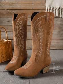 女士时尚刺绣纯色百搭坡跟侧拉链翼形高筒靴， - 棕色 - 查看 5