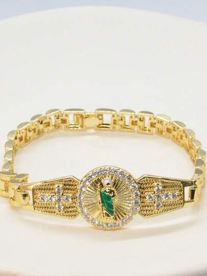 1pc Elegant St. Jude 14k Gold Plated Zirconia Stone Bracelet, Vintage Chic Style For Men & Women, Best Gift For Party/Thanksgiving/Halloween/Valentine's Day/Mother's Day/Anniversary/Birthday For Dad, Mom, Boyfriend, Girlfriend