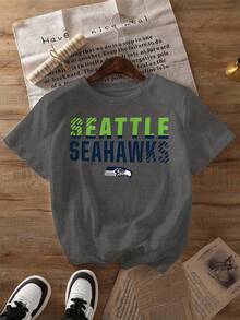 Seahawks Game Graphic Print T-Shirt, Short-Sleeved Crew Neck Casual Top, Suitable For Spring And Summer Wear, Women's Clothing. - Màu xám đen - Xem 2