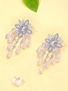 2件套奢华水钻花朵玻璃珠流苏耳环，夸张个性化高端女士耳环 - 銀色 - 查看 4